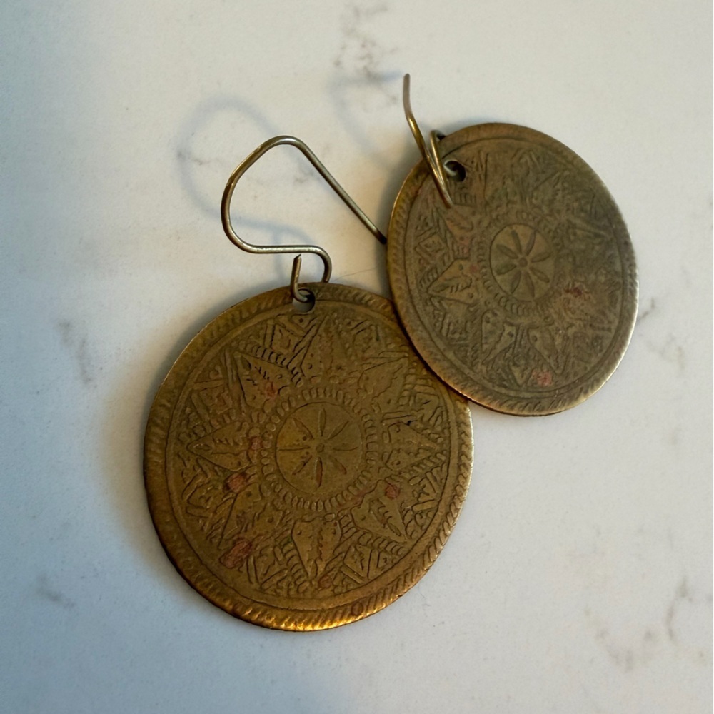 Set of gold tone/brass circular disc earrings